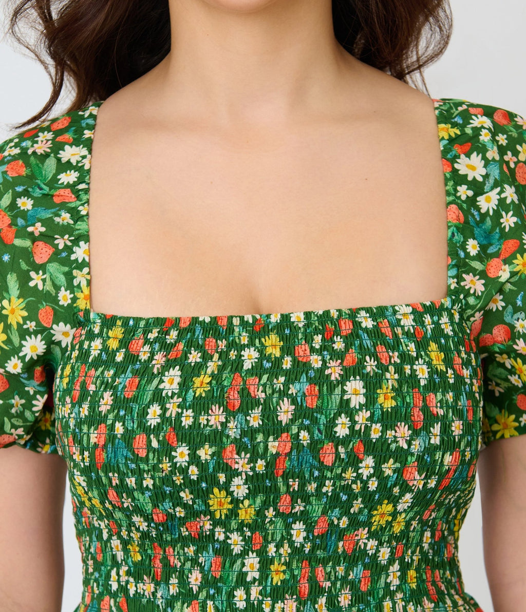 Unique Vintage Green & Strawberry Print Smocked Bodice Midi Dress - Unique Vintage - Womens, DRESSES, MIDI