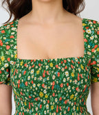 Unique Vintage Green & Strawberry Print Smocked Bodice Midi Dress - Unique Vintage - Womens, DRESSES, MIDI