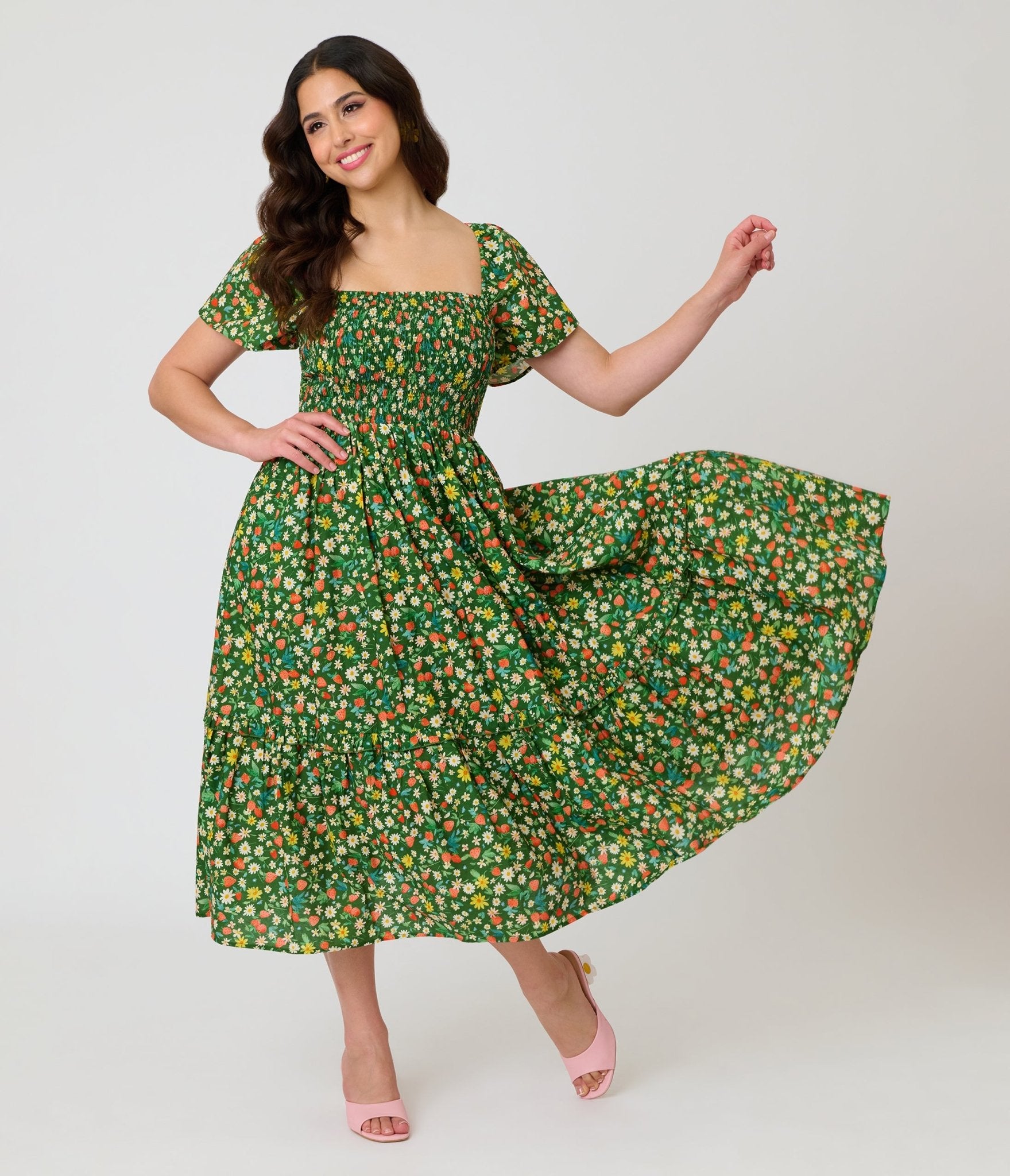 Unique Vintage Green & Strawberry Print Smocked Bodice Midi Dress