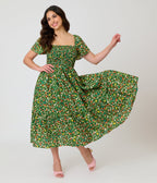 Unique Vintage Green & Strawberry Print Smocked Bodice Midi Dress - Unique Vintage - Womens, DRESSES, MIDI
