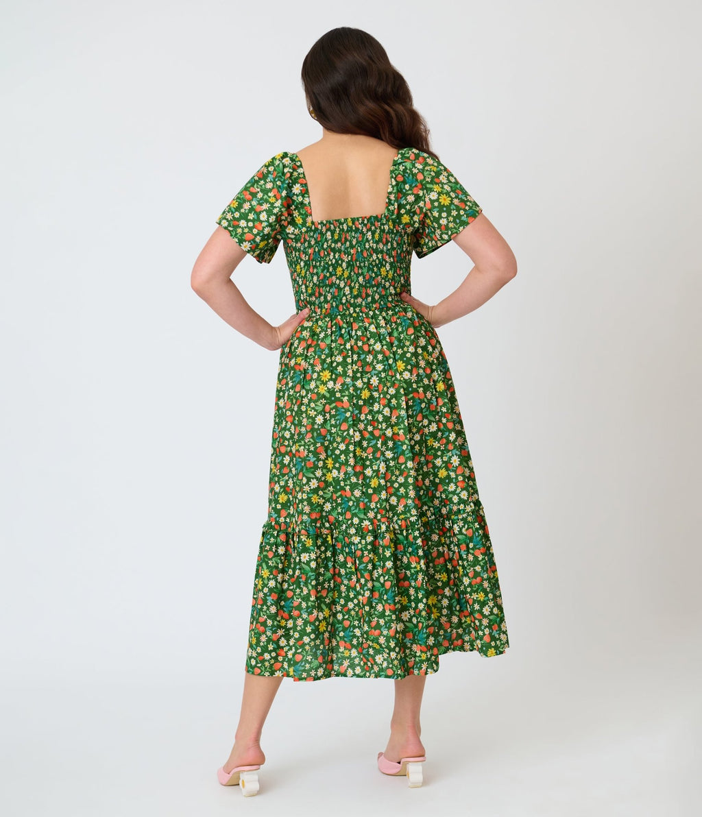 Unique Vintage Green & Strawberry Print Smocked Bodice Midi Dress - Unique Vintage - Womens, DRESSES, MIDI
