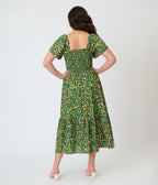 Unique Vintage Green & Strawberry Print Smocked Bodice Midi Dress - Unique Vintage - Womens, DRESSES, MIDI