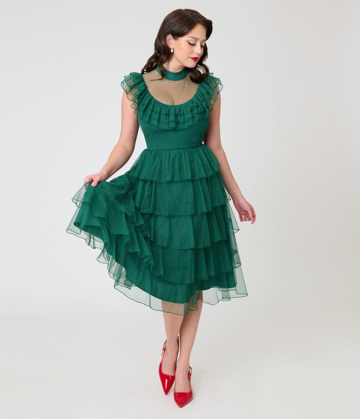 Unique Vintage Green Swiss Dot Tiered Lydia Swing Dress - Unique Vintage - Swing Dress