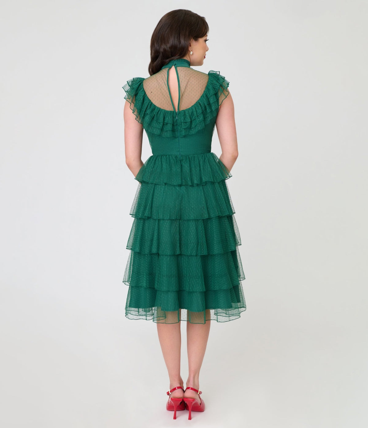 Unique Vintage Green Swiss Dot Tiered Lydia Swing Dress - Unique Vintage - Swing Dress