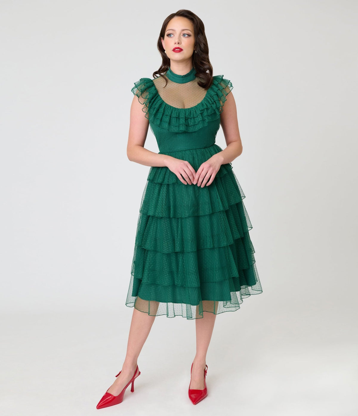 Unique Vintage Green Swiss Dot Tiered Lydia Swing Dress - Unique Vintage - Swing Dress