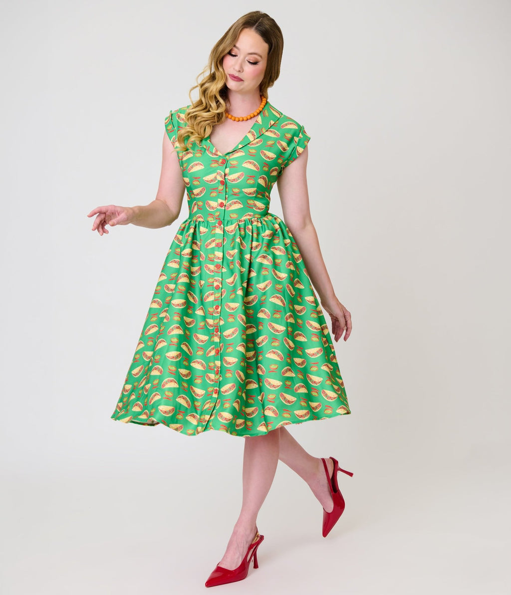 Unique Vintage Green Taco Print Swing Dress - Unique Vintage - Womens, DRESSES, SWING