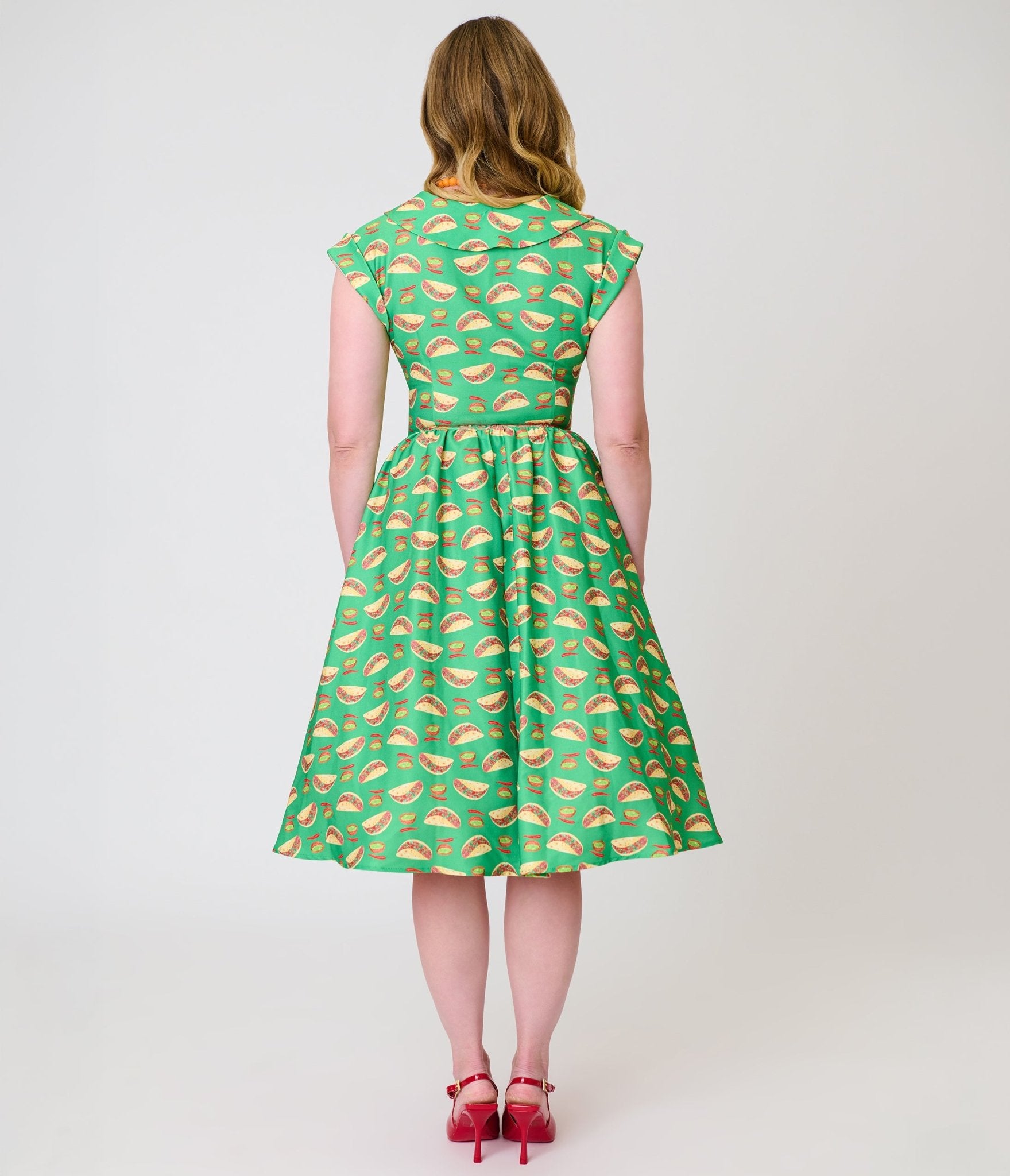 Unique Vintage Green Taco Print Swing Dress XS/0-2