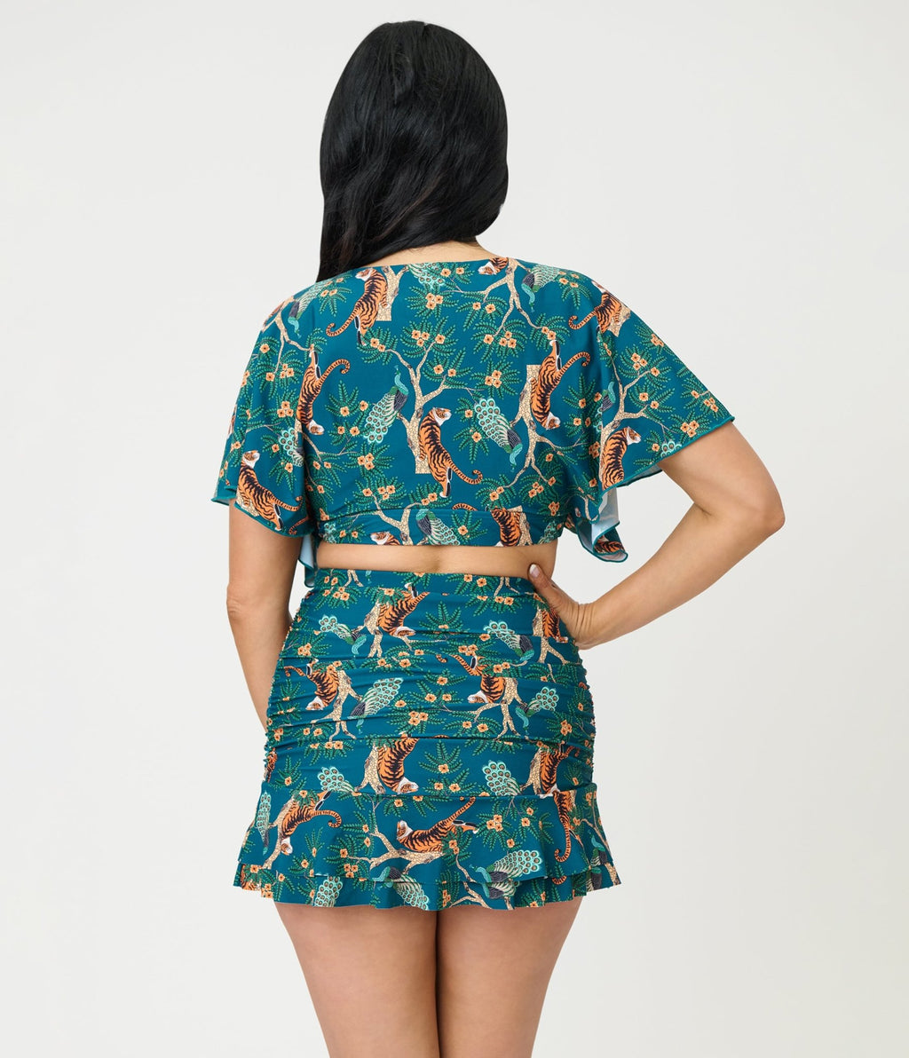 Unique Vintage Green Tiger Print Flutter Sleeve Swim Top - Unique Vintage - Womens, SWIM, TOP