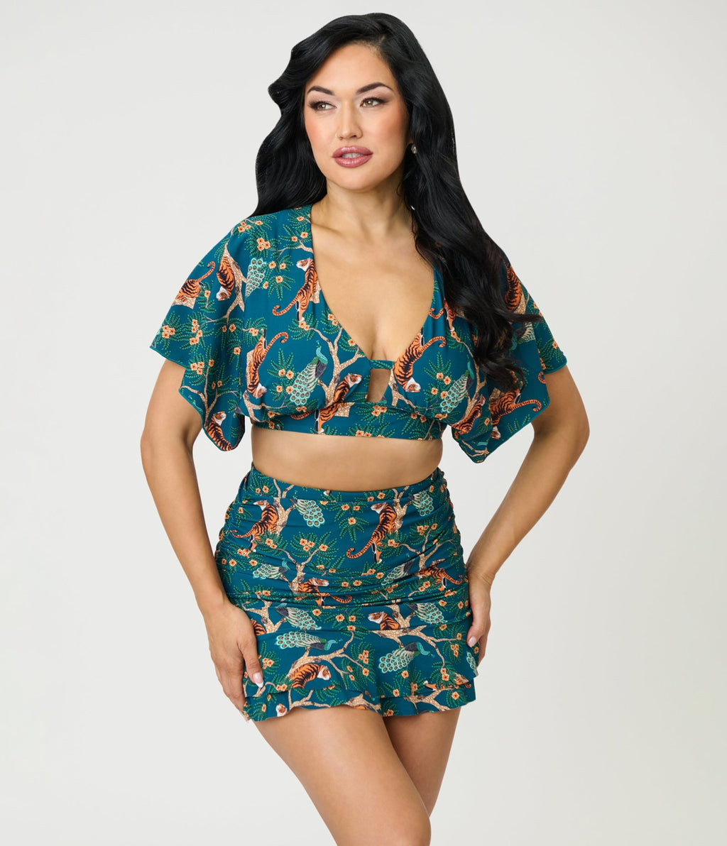 Unique Vintage Green Tiger Print Flutter Sleeve Swim Top - Unique Vintage - Womens, SWIM, TOP