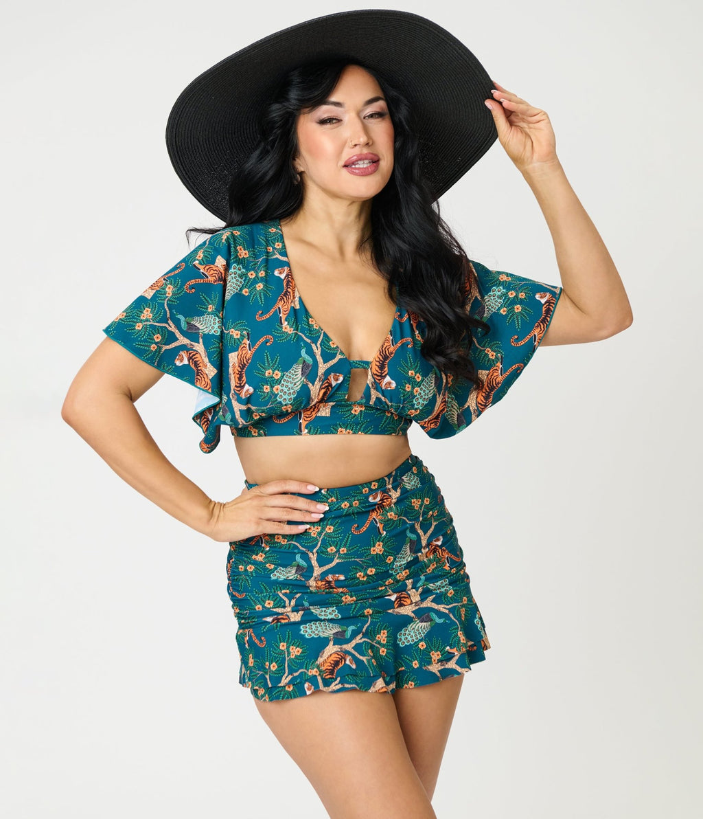 Unique Vintage Green Tiger Print Flutter Sleeve Swim Top - Unique Vintage - Womens, SWIM, TOP