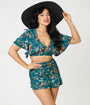 Unique Vintage Green Tiger Print Flutter Sleeve Swim Top