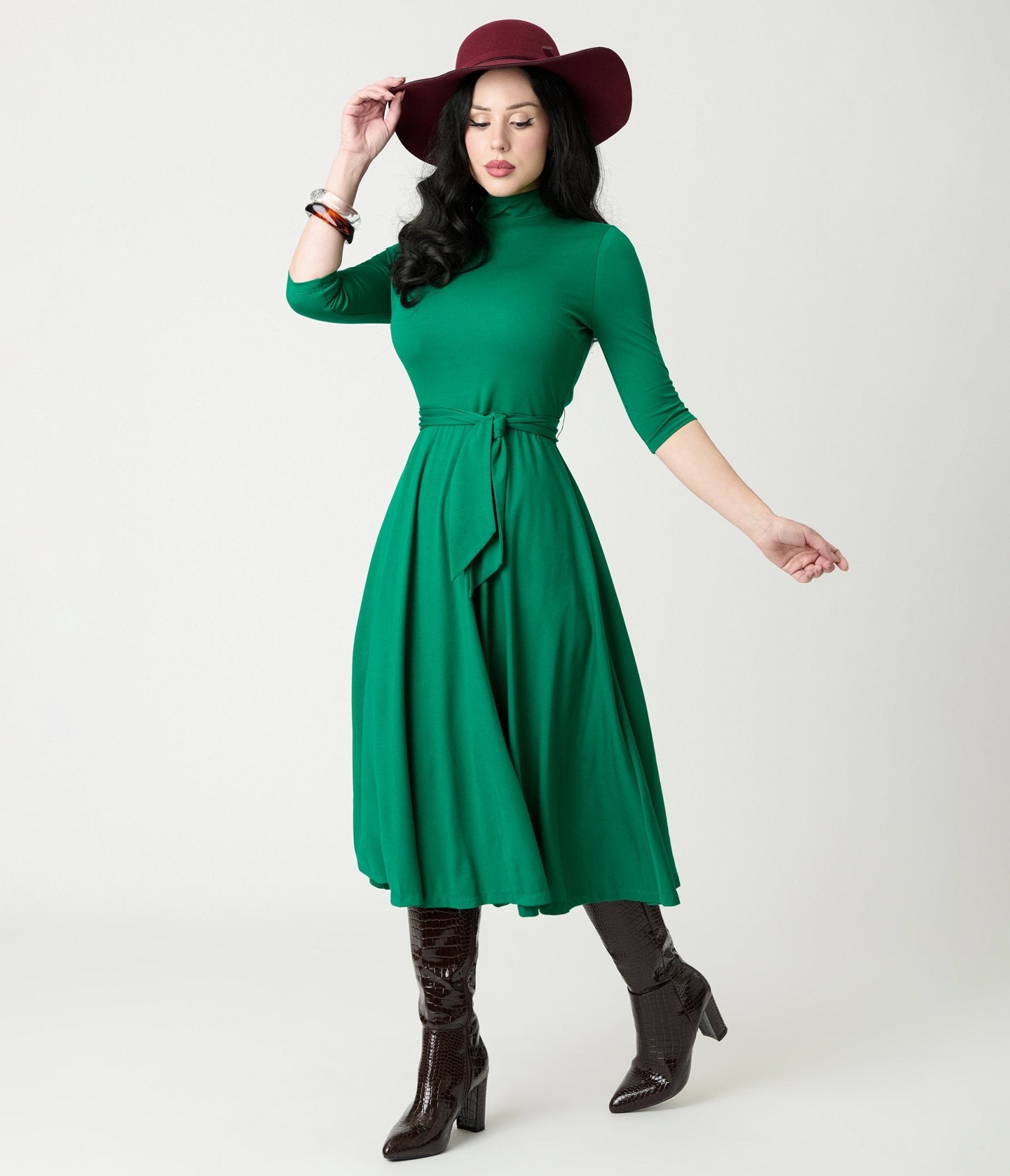 Unique Vintage Green Turtleneck Midi Dress - Unique Vintage - Womens, DRESSES, FIT AND FLARE