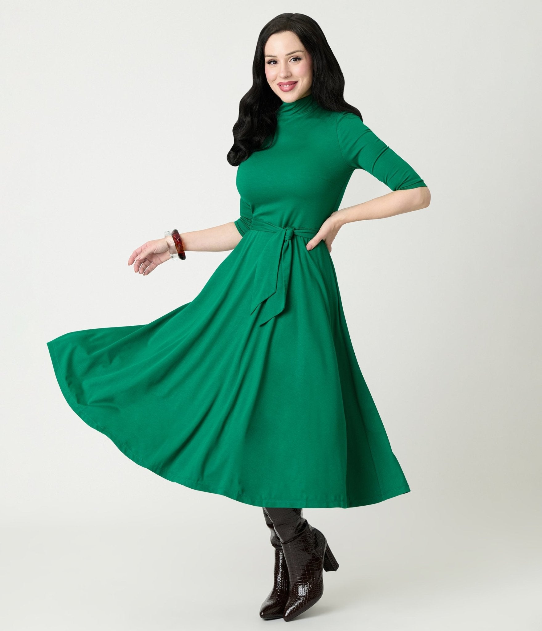 Unique Vintage Green Turtleneck Midi Dress - Unique Vintage - Womens, DRESSES, FIT AND FLARE