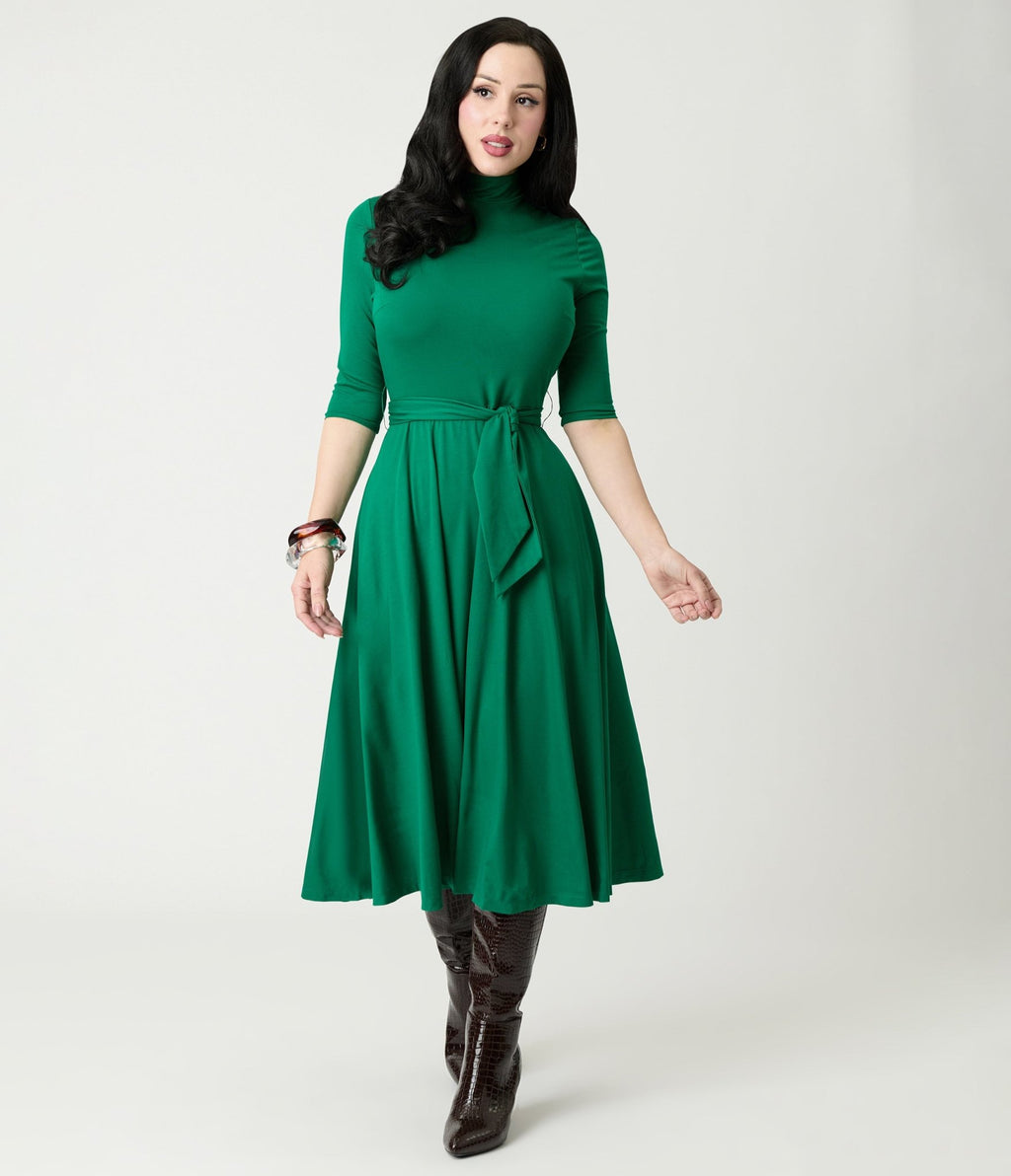 Unique Vintage Green Turtleneck Midi Dress - Unique Vintage - Womens, DRESSES, FIT AND FLARE