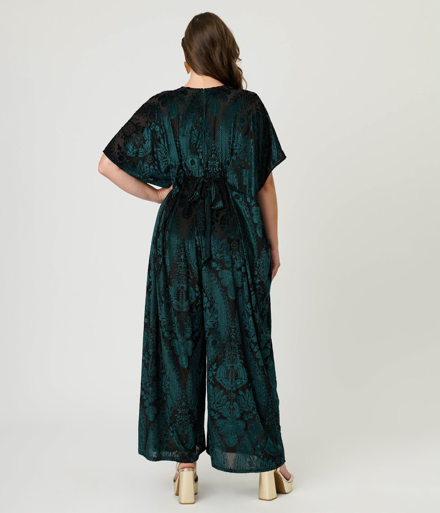 Unique Vintage Green Velvet Floral Burnout Caftan Jumpsuit - Unique Vintage - Womens, BOTTOMS, ROMPERS AND JUMPSUITS