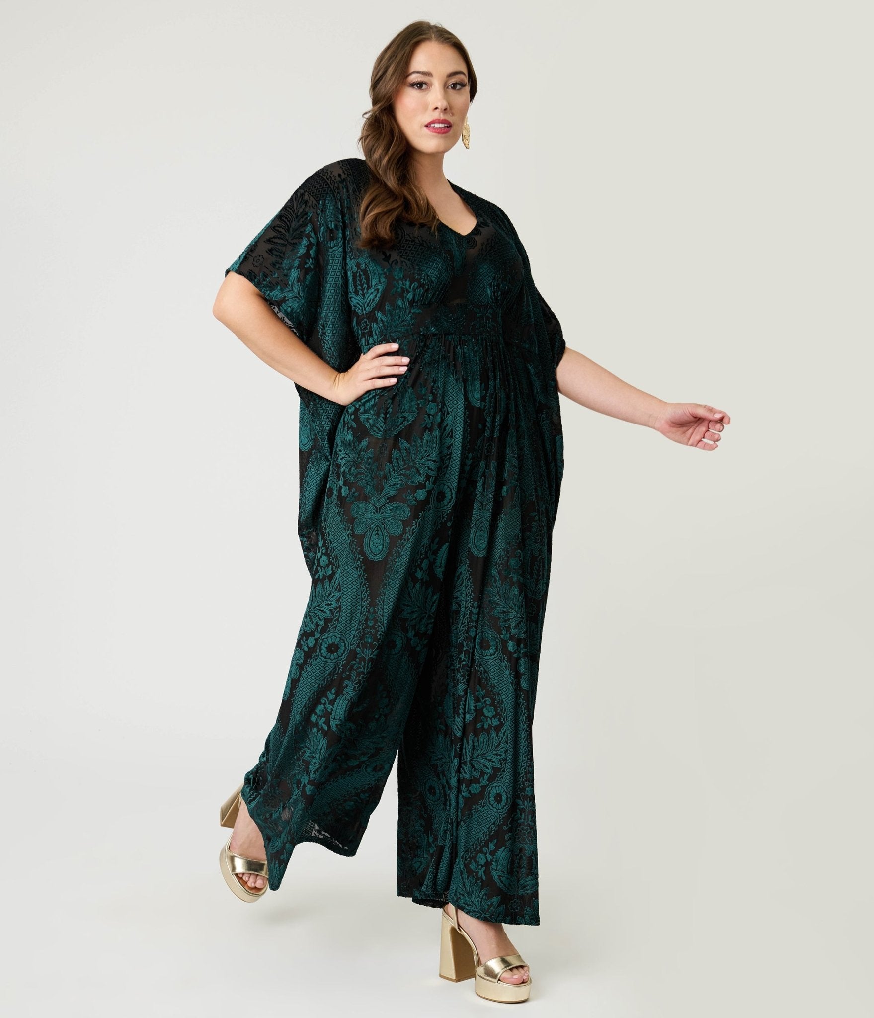 Unique Vintage Green Velvet Floral Burnout Caftan Jumpsuit - Unique Vintage - Womens, BOTTOMS, ROMPERS AND JUMPSUITS