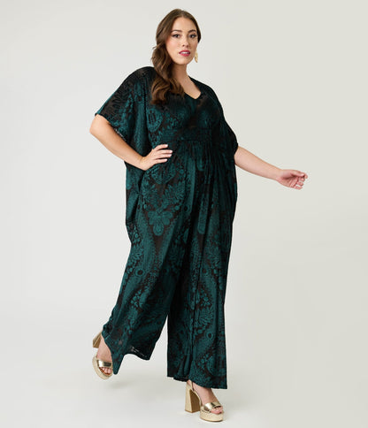 Unique Vintage Green Velvet Floral Burnout Caftan Jumpsuit - Unique Vintage - Womens, BOTTOMS, ROMPERS AND JUMPSUITS