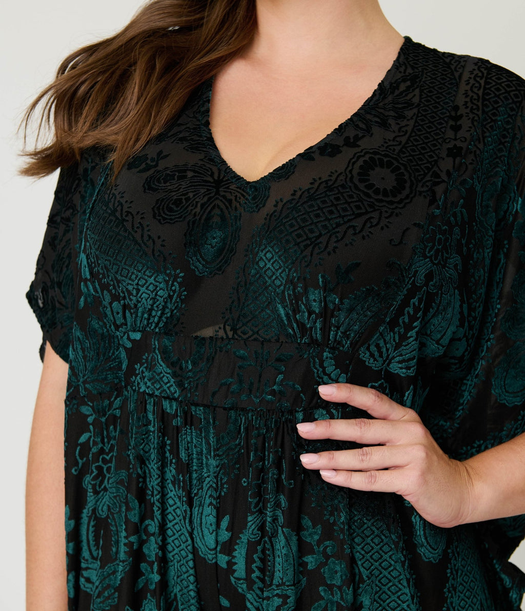 Unique Vintage Green Velvet Floral Burnout Caftan Jumpsuit - Unique Vintage - Womens, BOTTOMS, ROMPERS AND JUMPSUITS