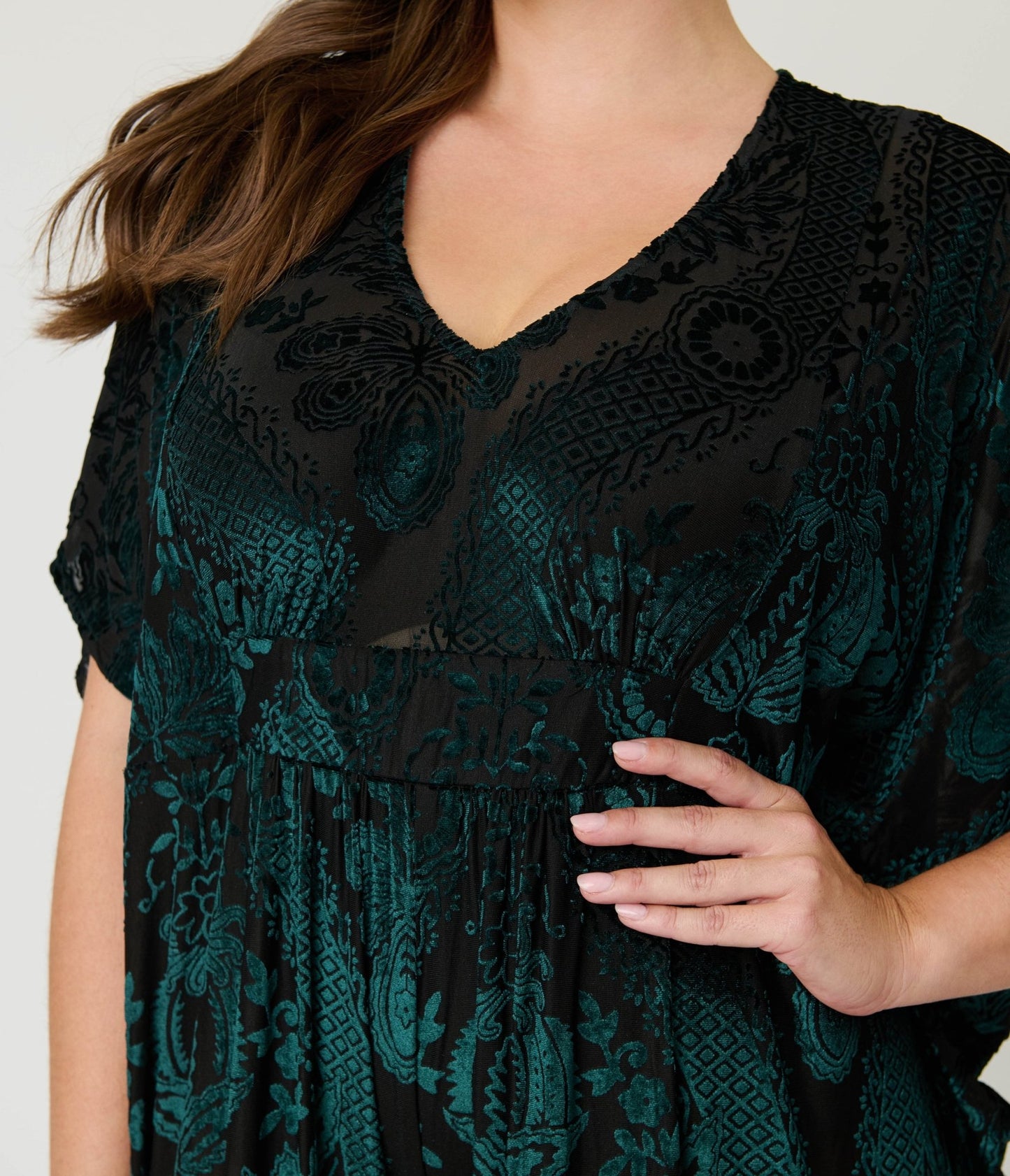 Unique Vintage Green Velvet Floral Burnout Caftan Jumpsuit - Unique Vintage - Womens, BOTTOMS, ROMPERS AND JUMPSUITS