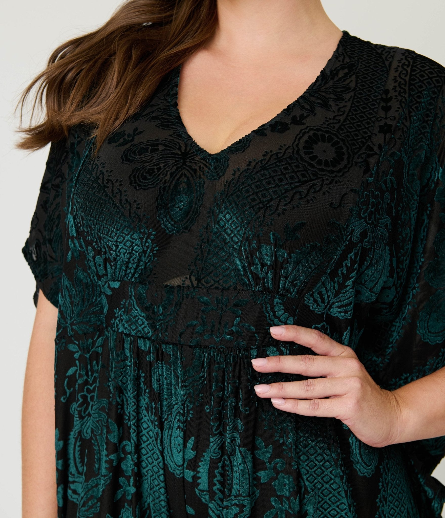 Unique Vintage Green Velvet Floral Burnout Caftan Jumpsuit - Unique Vintage - Womens, BOTTOMS, ROMPERS AND JUMPSUITS