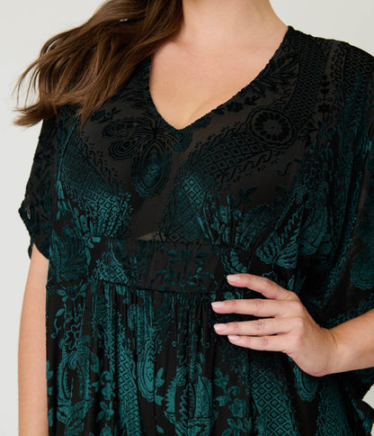 Unique Vintage Green Velvet Floral Burnout Caftan Jumpsuit - Unique Vintage - Womens, BOTTOMS, ROMPERS AND JUMPSUITS