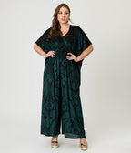 Unique Vintage Green Velvet Floral Burnout Caftan Jumpsuit - Unique Vintage - Womens, BOTTOMS, ROMPERS AND JUMPSUITS