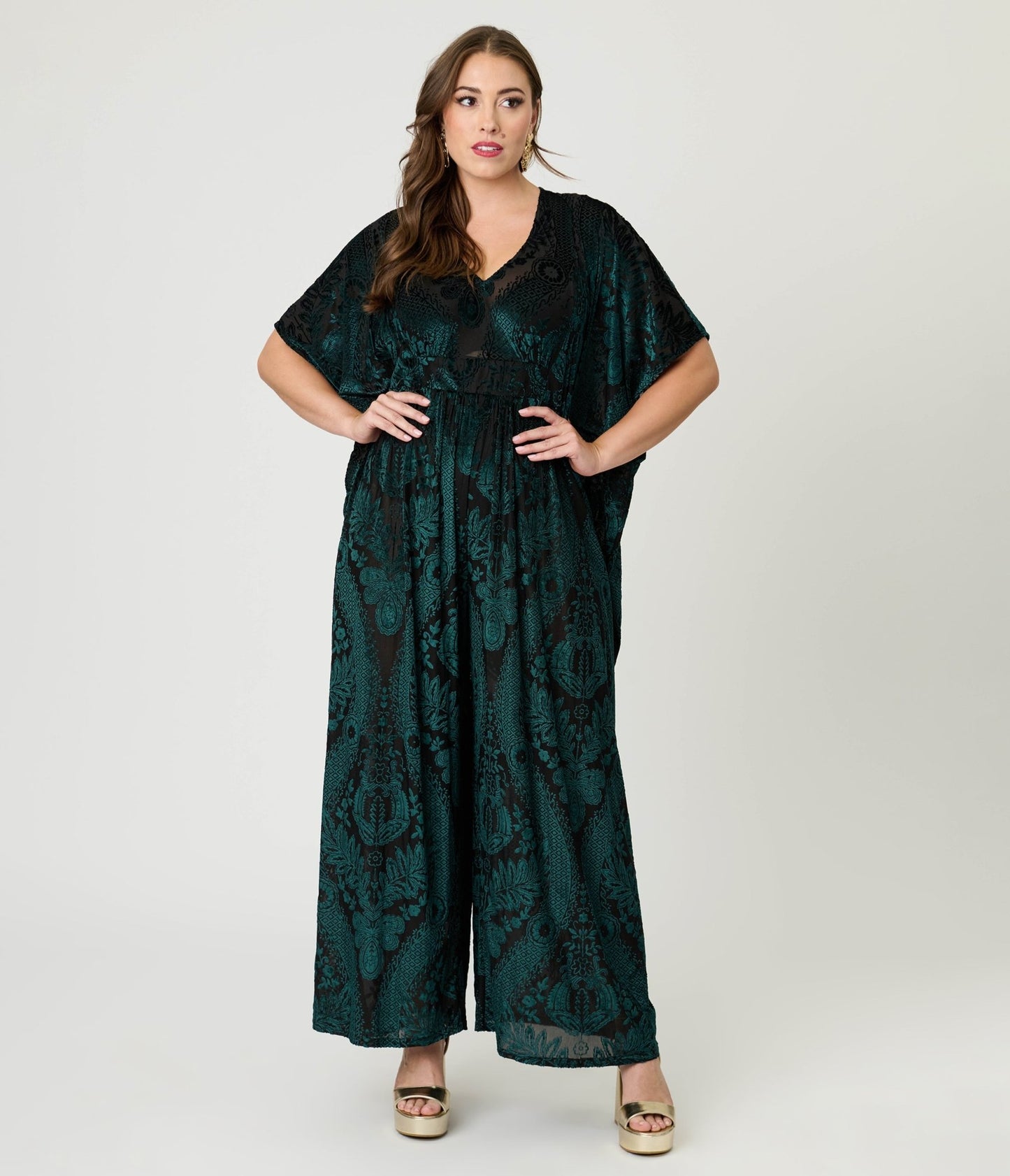 Unique Vintage Green Velvet Floral Burnout Caftan Jumpsuit - Unique Vintage - Womens, BOTTOMS, ROMPERS AND JUMPSUITS