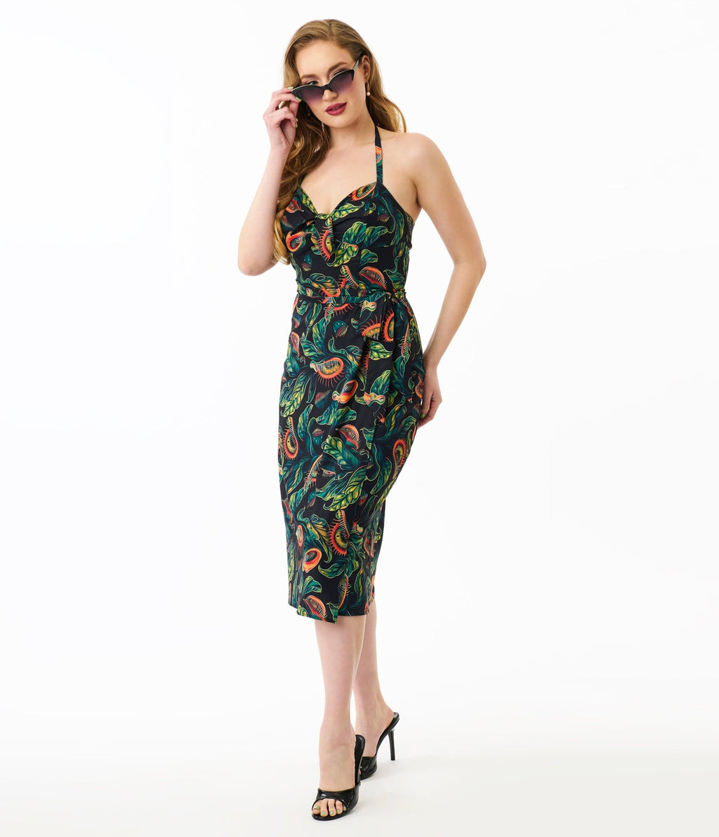 Unique Vintage Green Venus Fly Trap Leilani Sarong Dress - Unique Vintage - Womens, DRESSES, WIGGLE