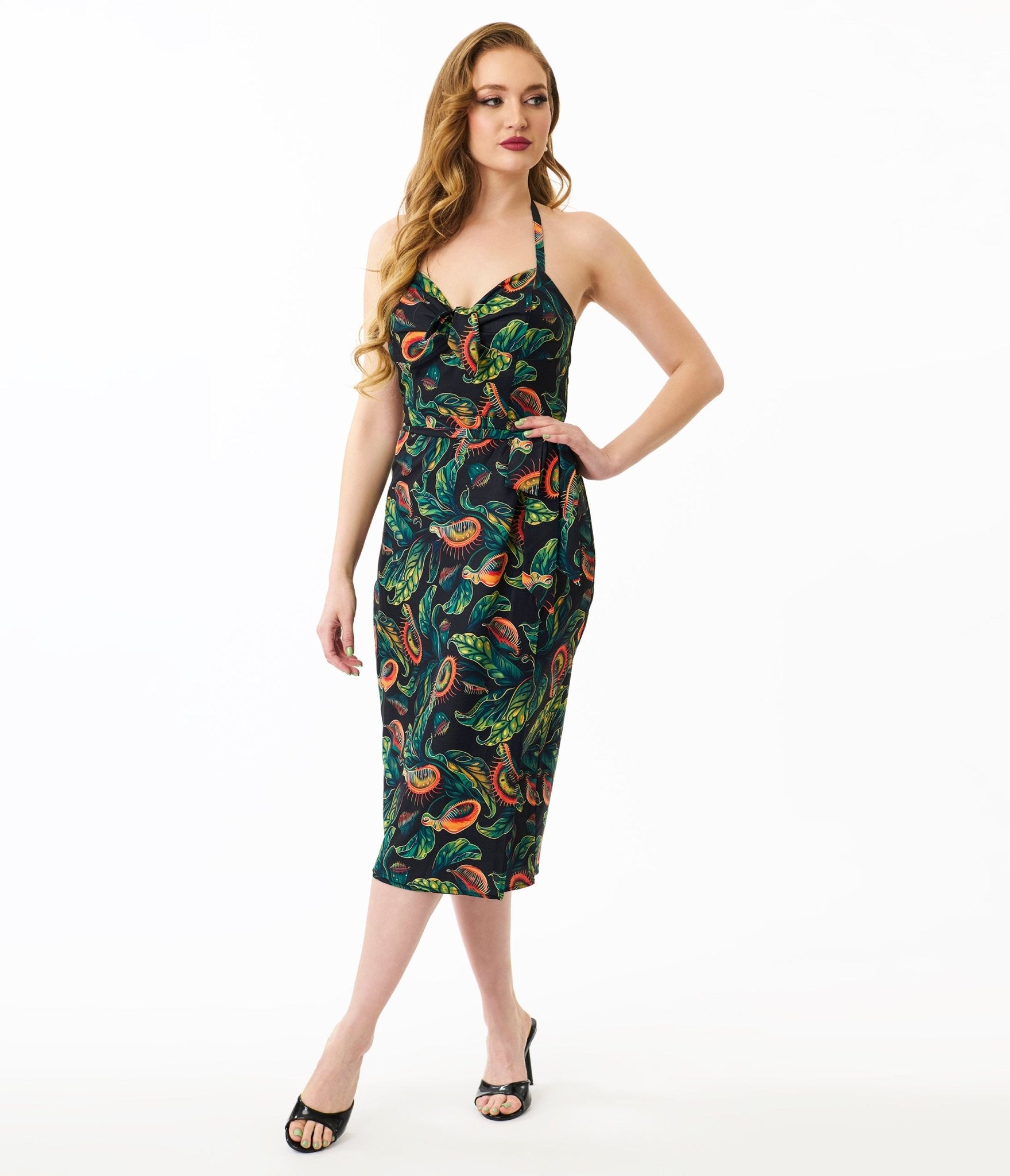 Unique Vintage Green Venus Fly Trap Leilani Sarong Dress - Unique Vintage - Womens, DRESSES, WIGGLE