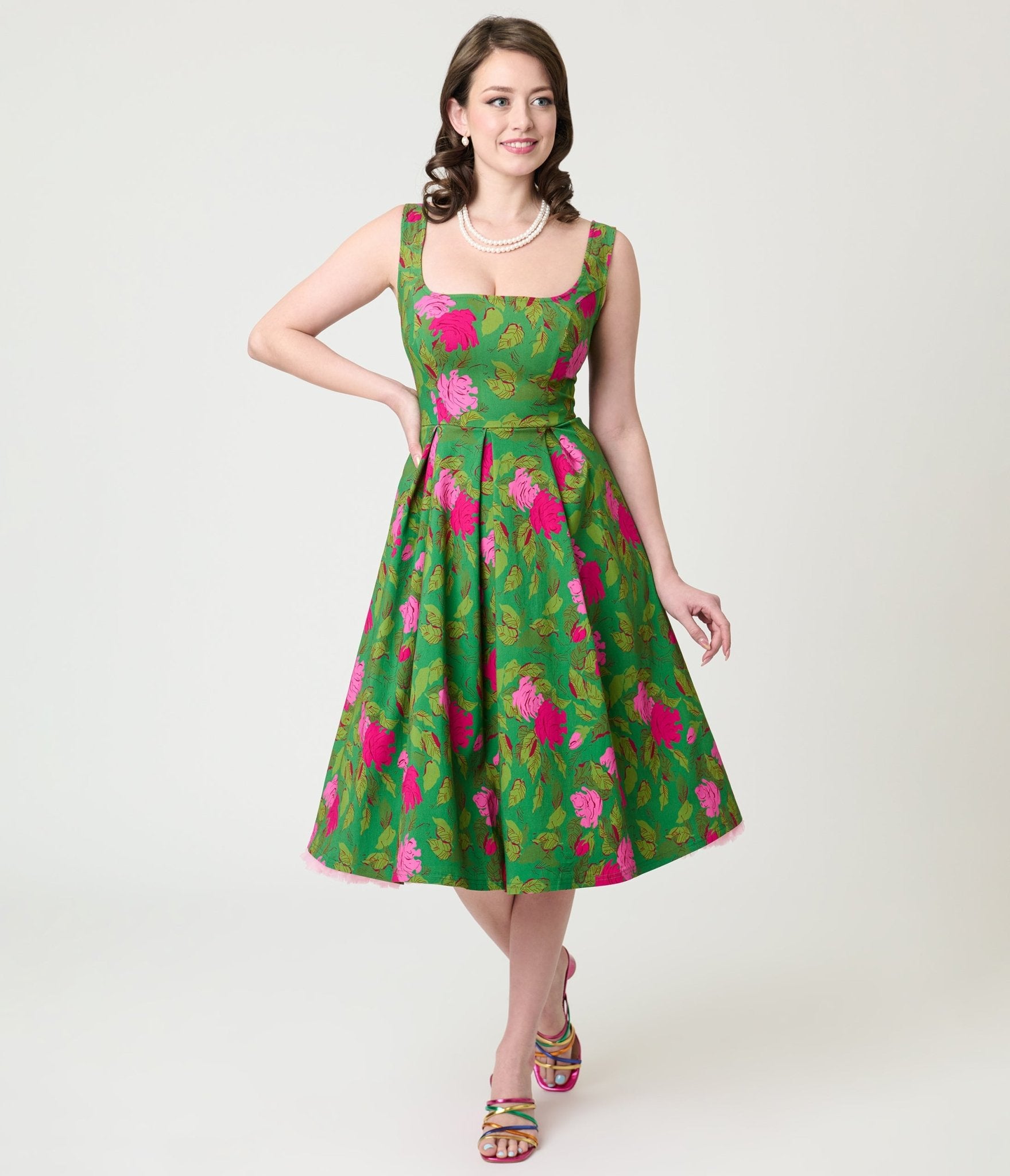 Unique Vintage Green Vintage Rose Square Neck Pleated Swing Dress - Unique Vintage - Womens, DRESSES, SWING