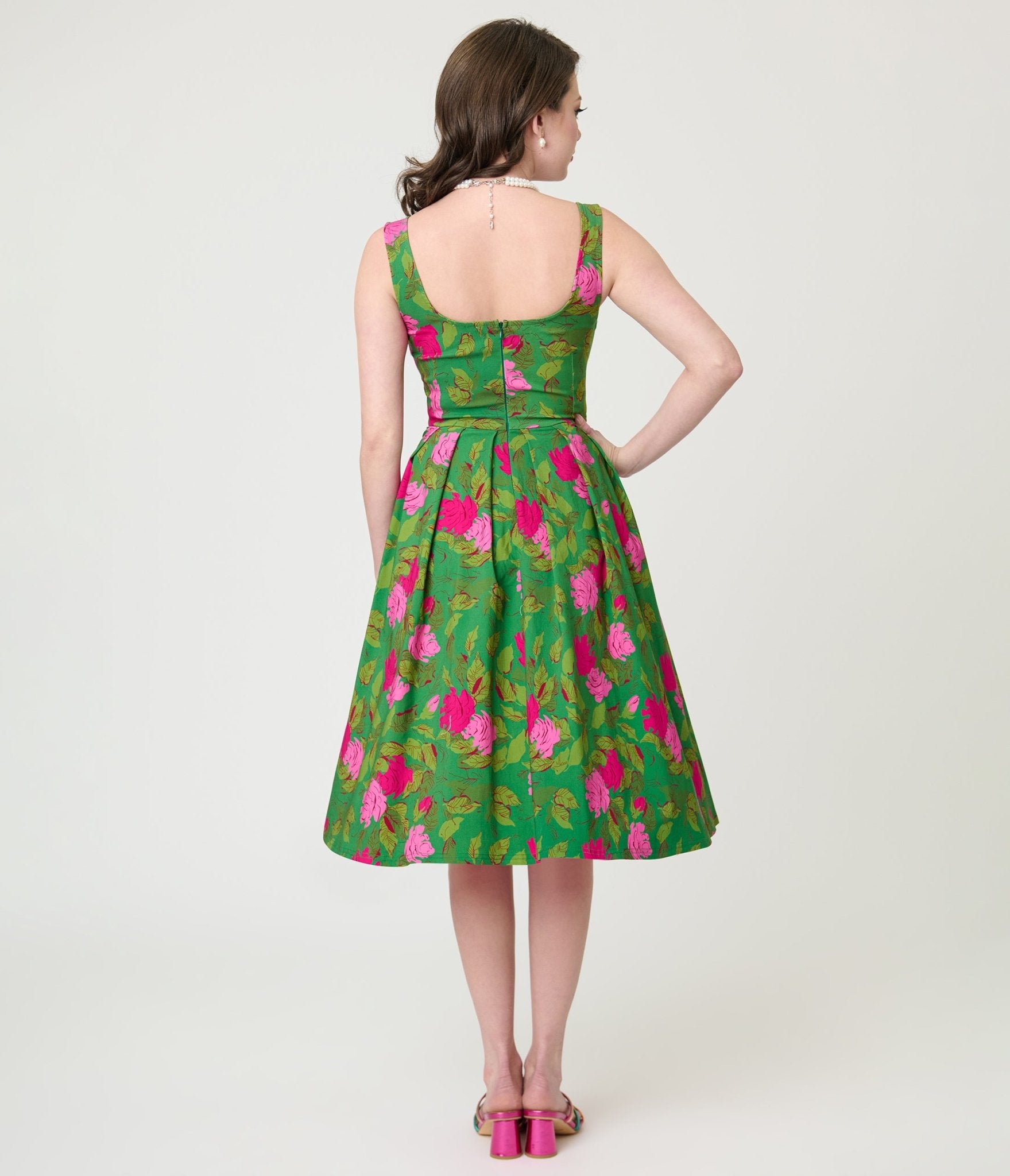 Unique Vintage Green Vintage Rose Square Neck Pleated Swing Dress Unique Vintage Green Vintage Rose Square Neck Pleated Swing Dress