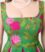 Unique Vintage Green Vintage Rose Square Neck Pleated Swing Dress - Unique Vintage - Womens, DRESSES, SWING