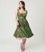 Unique Vintage Green Vintage Rose Square Neck Pleated Swing Dress