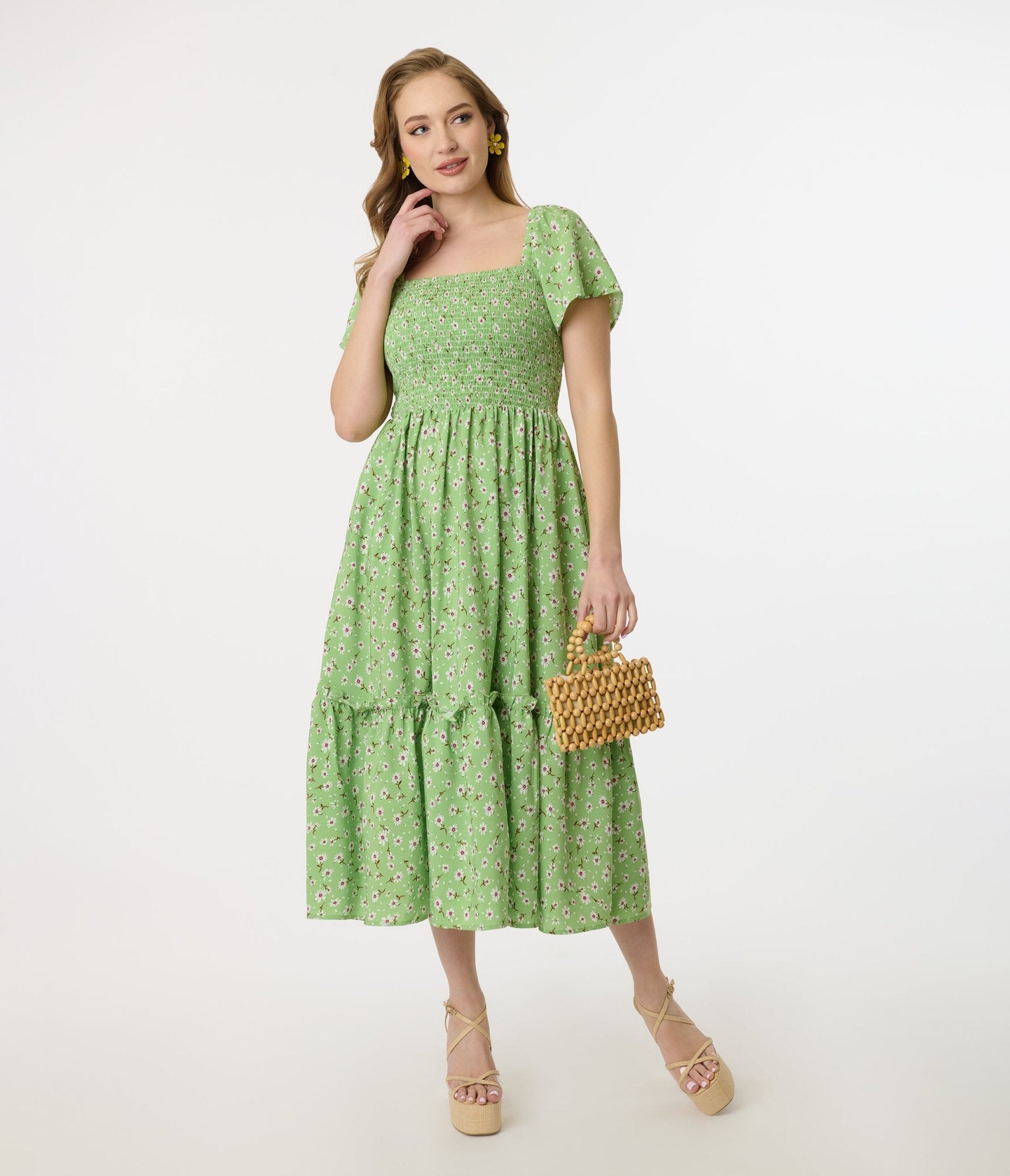 Unique Vintage Green & White Ditsy Floral Smocked Bodice Midi Dress - Unique Vintage - Womens, DRESSES, MIDI