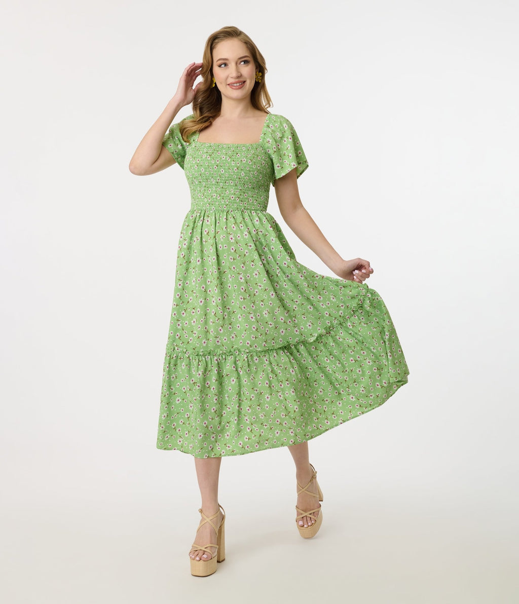 Unique Vintage Green & White Ditsy Floral Smocked Bodice Midi Dress - Unique Vintage - Womens, DRESSES, MIDI