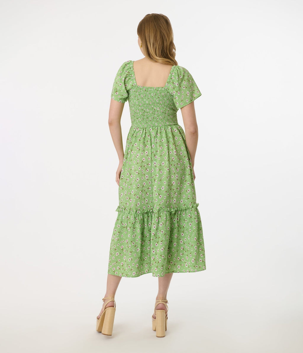 Unique Vintage Green & White Ditsy Floral Smocked Bodice Midi Dress - Unique Vintage - Womens, DRESSES, MIDI