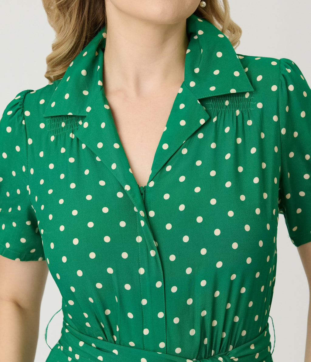 Unique Vintage Green & White Dot Flare Jumpsuit - Unique Vintage - Womens, BOTTOMS, ROMPERS AND JUMPSUITS