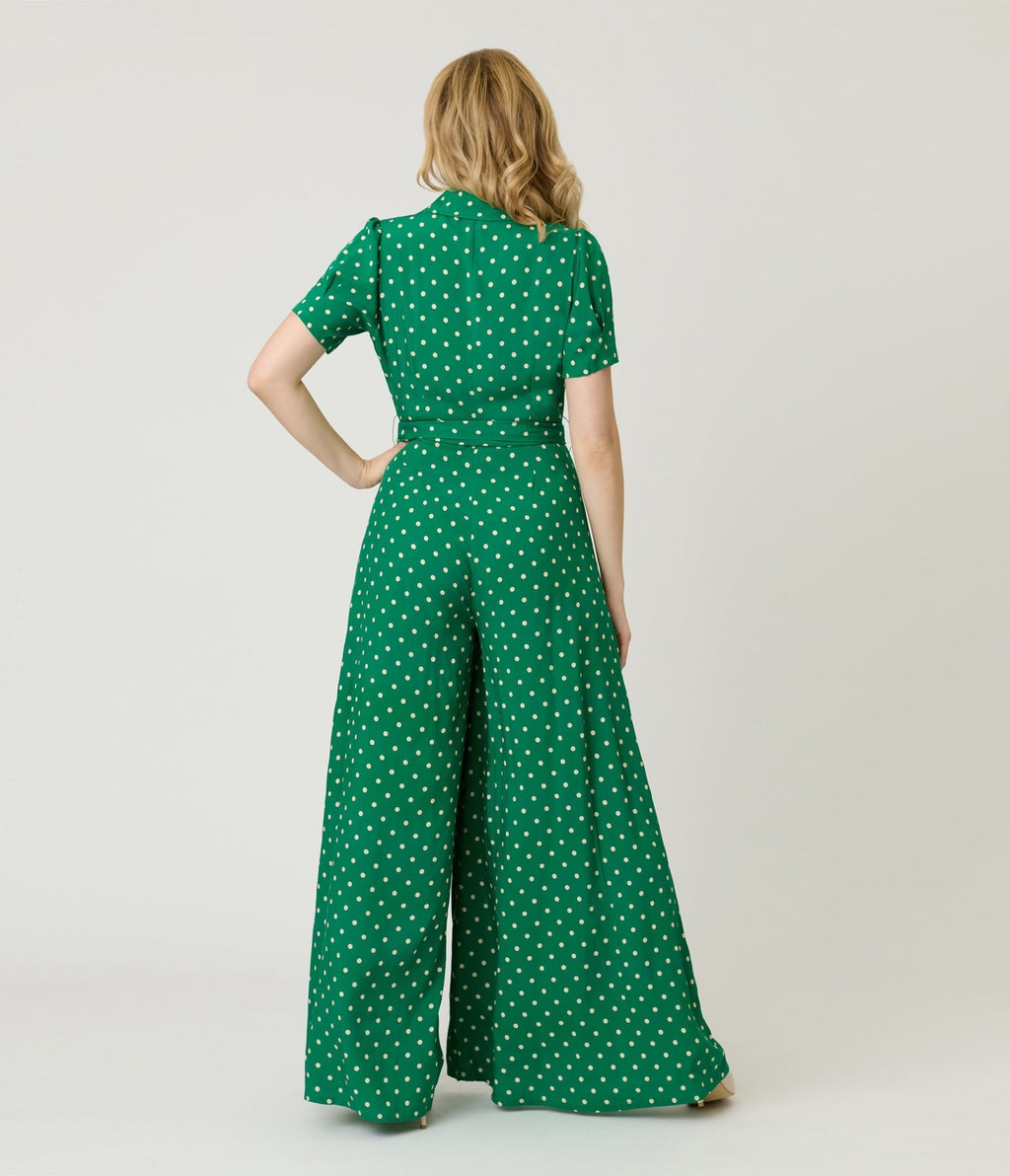 Unique Vintage Green & White Dot Flare Jumpsuit - Unique Vintage - Womens, BOTTOMS, ROMPERS AND JUMPSUITS