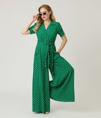 Unique Vintage Green & White Dot Flare Jumpsuit - Unique Vintage - Womens, BOTTOMS, ROMPERS AND JUMPSUITS