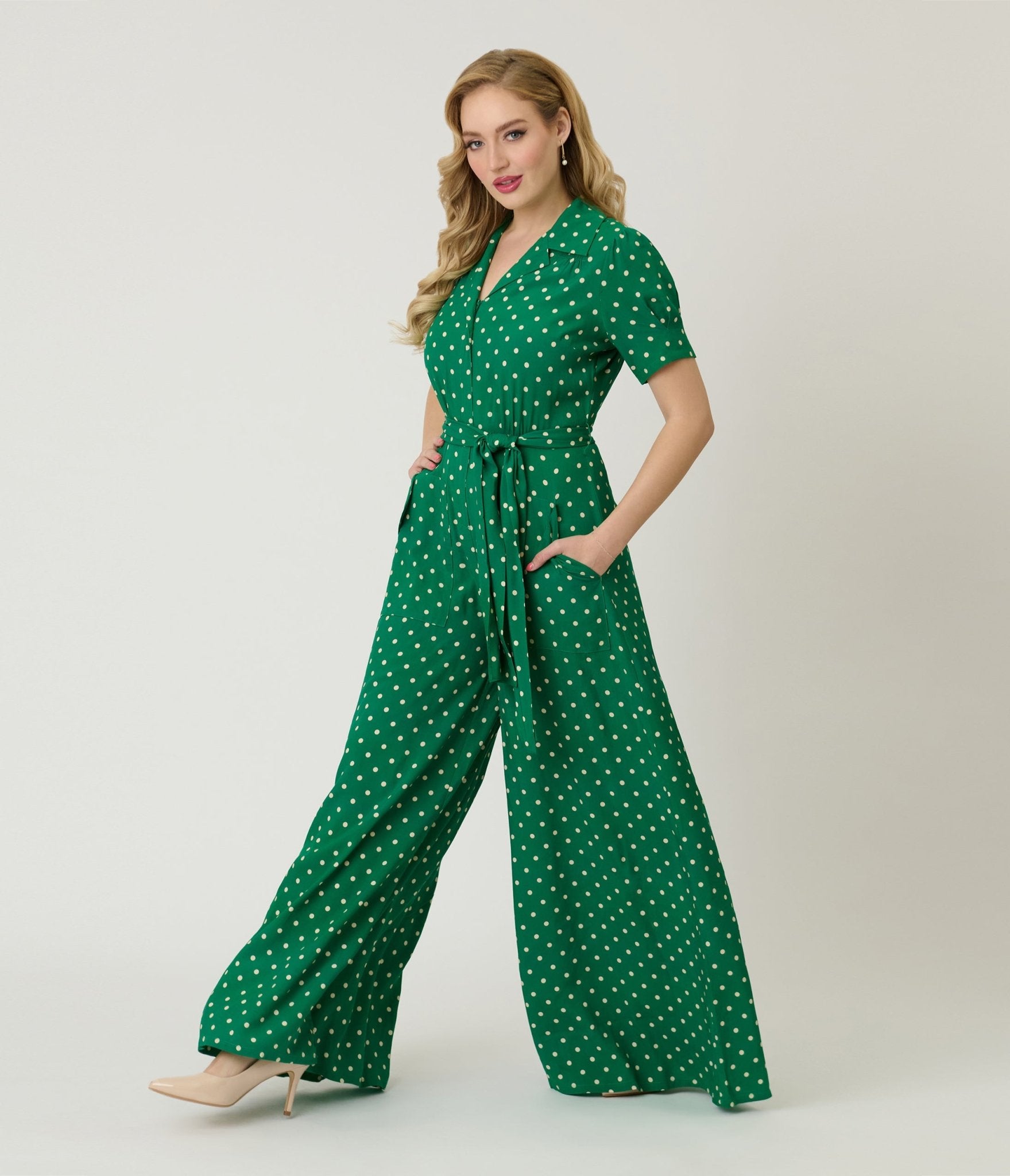 Unique Vintage Green & White Dot Flare Jumpsuit