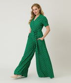 Unique Vintage Green & White Dot Flare Jumpsuit - Unique Vintage - Womens, BOTTOMS, ROMPERS AND JUMPSUITS