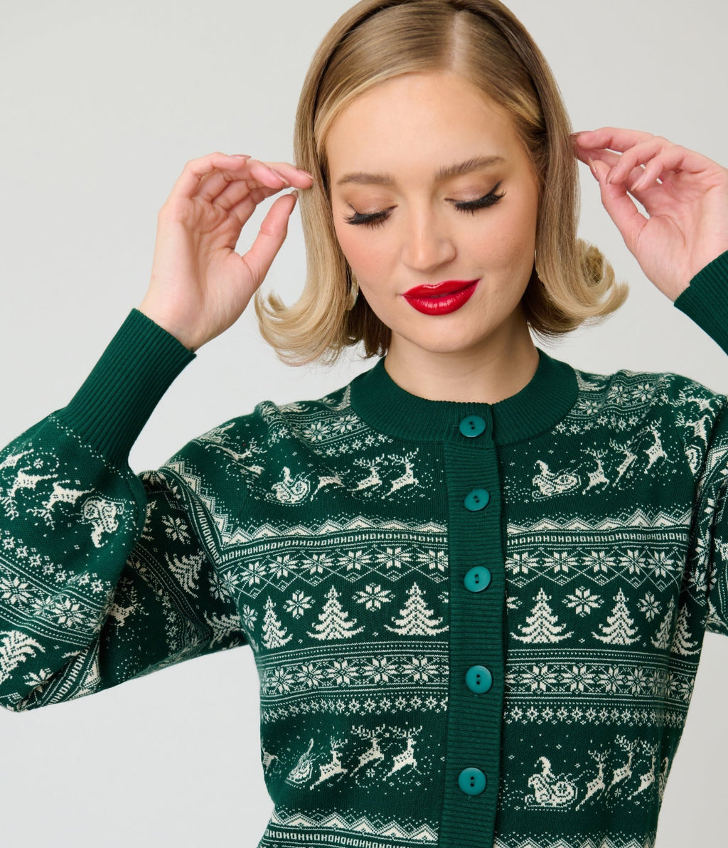 Unique Vintage Green & White Reindeer & Christmas Tree Fair Isle Cropped Cardigan - Unique Vintage - Cardigans