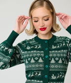 Unique Vintage Green & White Reindeer & Christmas Tree Fair Isle Cropped Cardigan - Unique Vintage - Cardigans