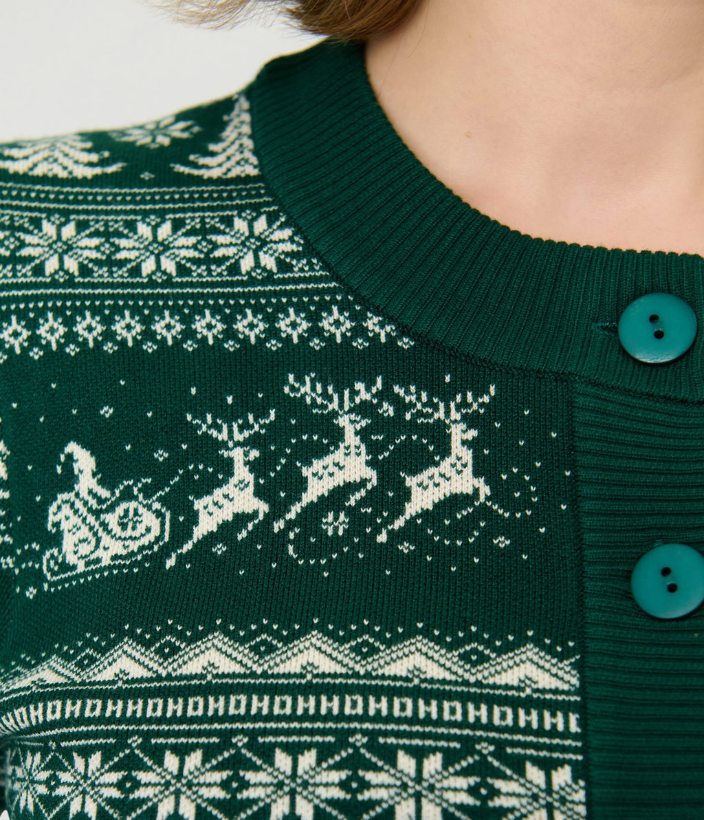 Unique Vintage Green & White Reindeer & Christmas Tree Fair Isle Cropped Cardigan - Unique Vintage - Cardigans