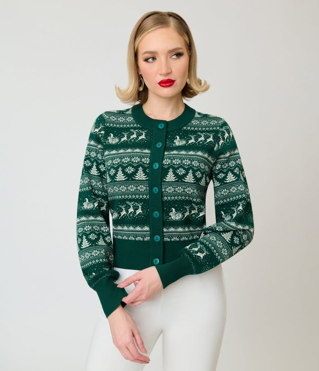 Unique Vintage Green & White Reindeer & Christmas Tree Fair Isle Cropped Cardigan - Unique Vintage - Cardigans