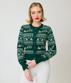 Unique Vintage Green & White Reindeer & Christmas Tree Fair Isle Cropped Cardigan - Unique Vintage - Cardigans