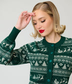 Unique Vintage Green & White Reindeer & Christmas Tree Fair Isle Cropped Cardigan - Unique Vintage - Cardigans