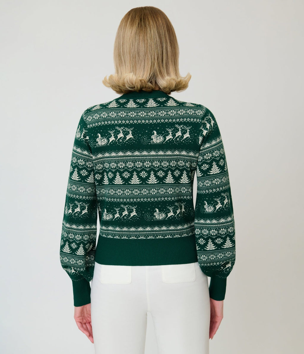 Unique Vintage Green & White Reindeer & Christmas Tree Fair Isle Cropped Cardigan - Unique Vintage - Cardigans