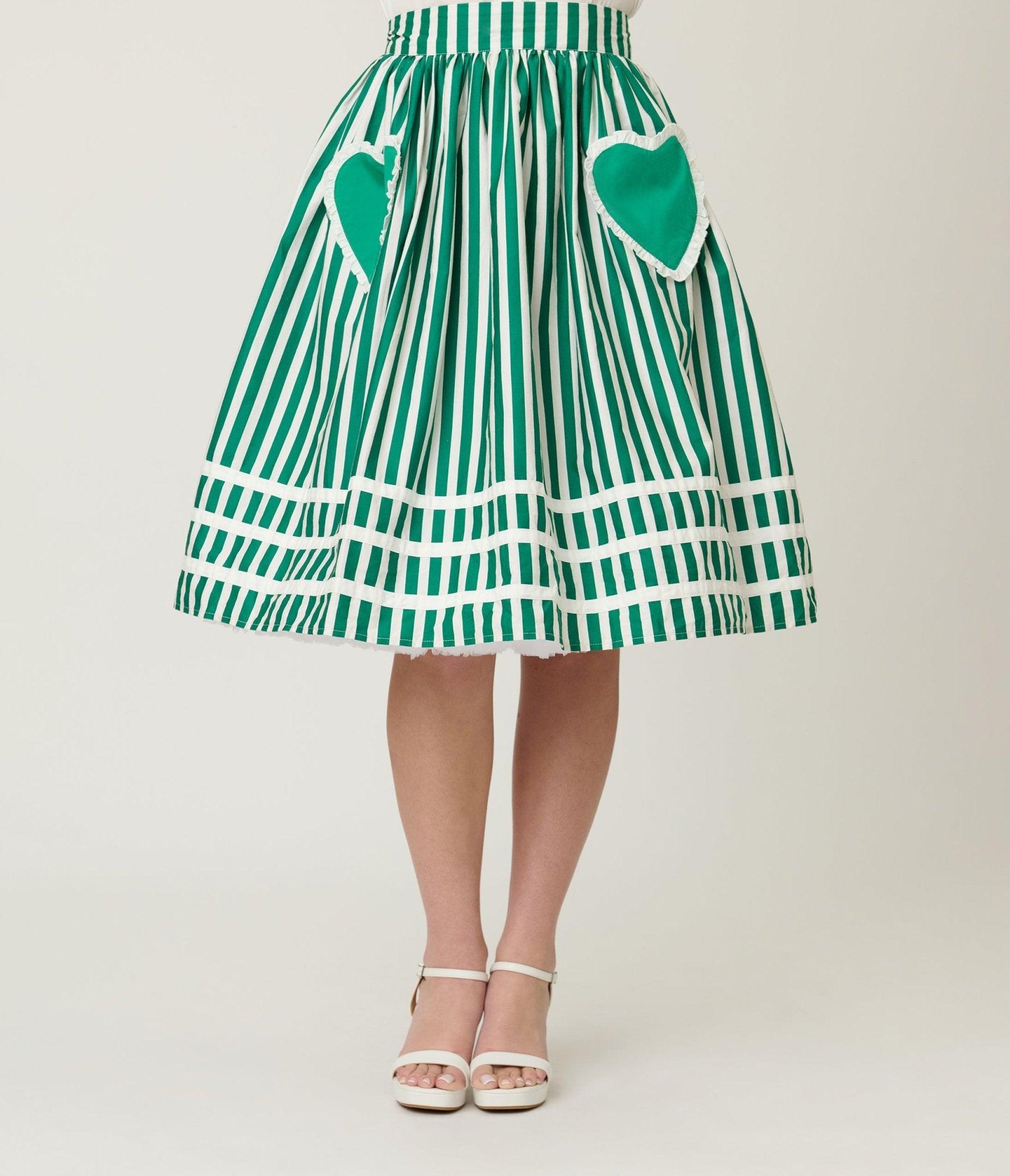 Unique Vintage Green & White Stripe Heart Pocket Swing Skirt - Unique Vintage - Womens, BOTTOMS, SKIRTS
