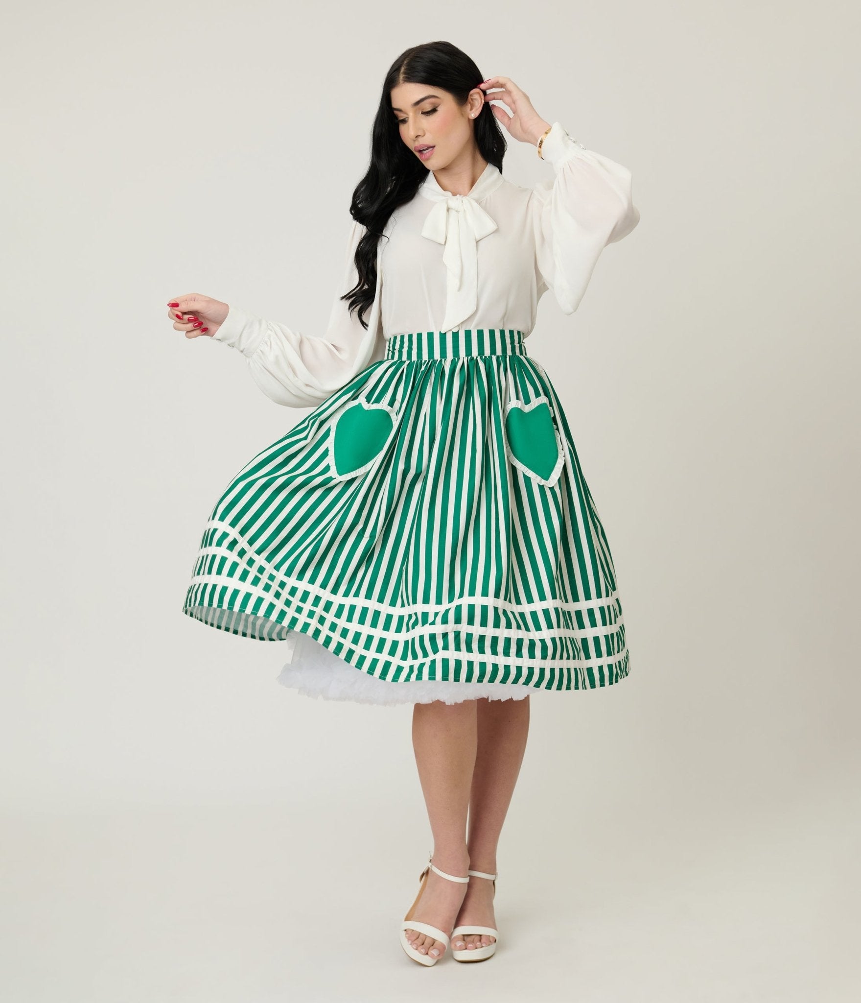 Unique Vintage Green & White Stripe Heart Pocket Swing Skirt - Unique Vintage - Womens, BOTTOMS, SKIRTS